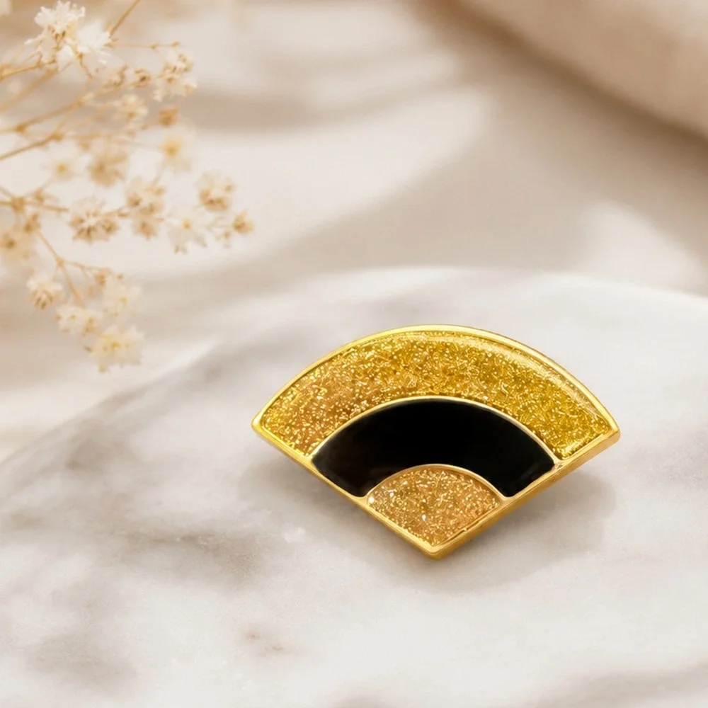 Vintage Art Deco Fan Brooch Gold Tone Glitter Black Enamel Geometric Pin MCM